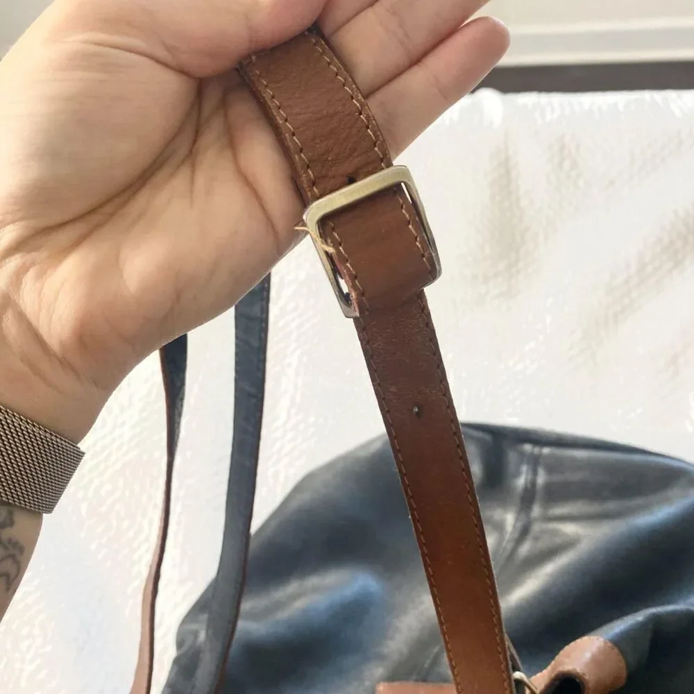 Vintage 90s Made In Austria Black Brown Soft Leather Hobo Shoulder Bucket Bag
